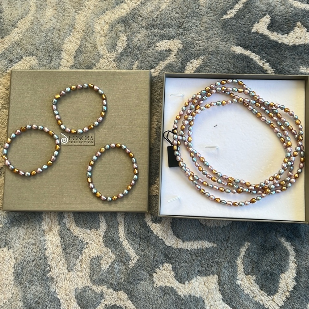 Honora collection multi color freshwater pearl necklace and three bracelets set.